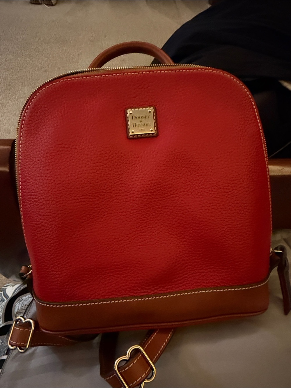 Dooney & Bourke Red Pebble Leather Backpack with Brown Trim
